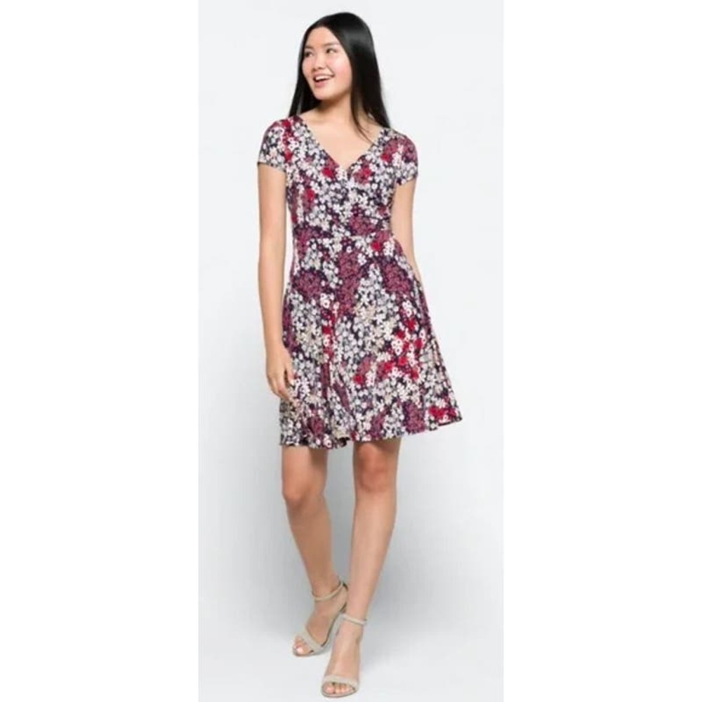 Stich Fix Womens Kaileigh Amandine Faux Wrap Navy Maroon Floral Knit‎ Dress NWT